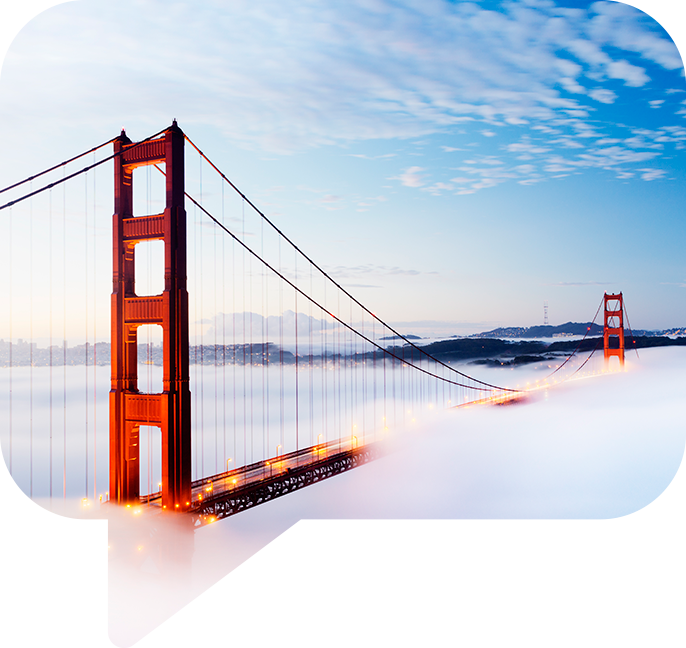 Golden Gate bridge in San Francisco, shrouded in morning mist.